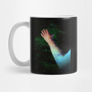 Digital collage and special processing. Ugly close up, amazing on distance. Hand, water view. Dark green water. Mug